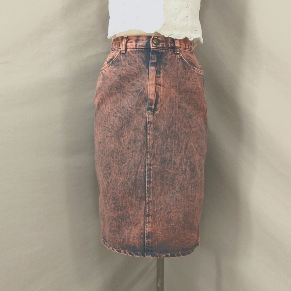Pink Acid Wash 80s Vintage Denim Jean Skirt High Waist Midi Fitted Vibrant Color